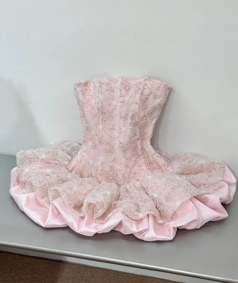 Pink Ball Gown Strapless Satin Lace Short Homecoming Dress 17Th Birthday Outfits DP7101