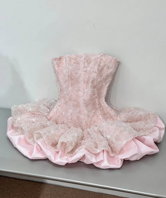 Pink Ball Gown Strapless Satin Lace Short Homecoming Dress 17Th Birthday Outfits DP7101