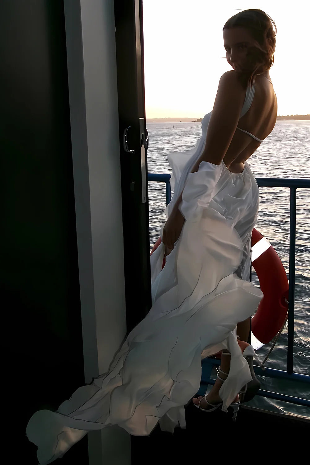 Chic A Line Halter Neck White Long Prom Dress with Ruffles DP7597