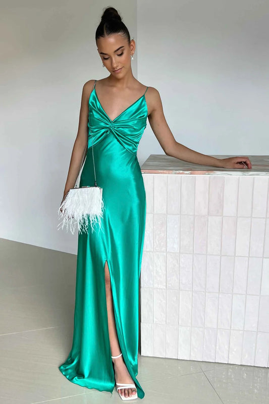 Stylish Sheath Spaghetti Straps Green Long Prom Dress with Split Front Keyhole DP7438