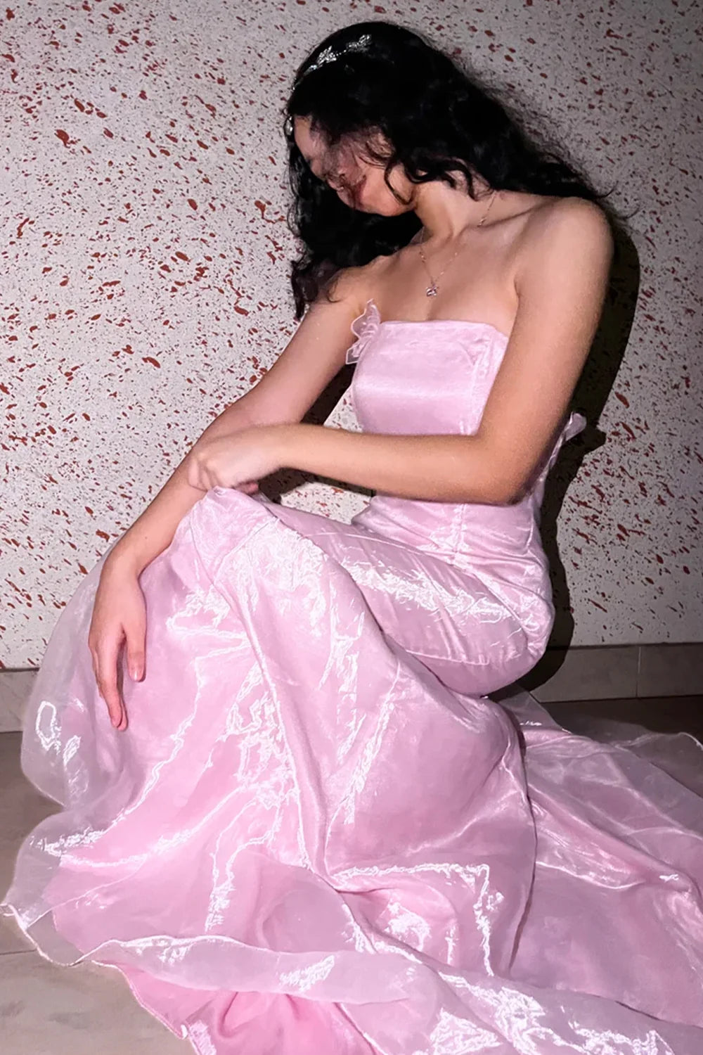 Princess Mermaid Strapless Pink Long Prom Dress with Ruffles DP7260