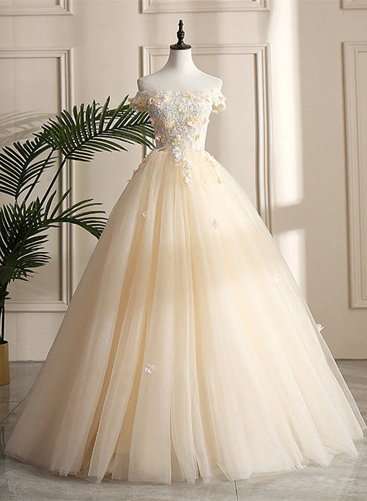 Pretty Off Shoulder Flowers Lace Tulle Formal Dress Prom Dress DP981
