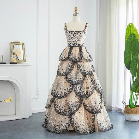 A Line Straps Sequin Tiered Petal Tulle Prom Dress Evening Dress DP1374