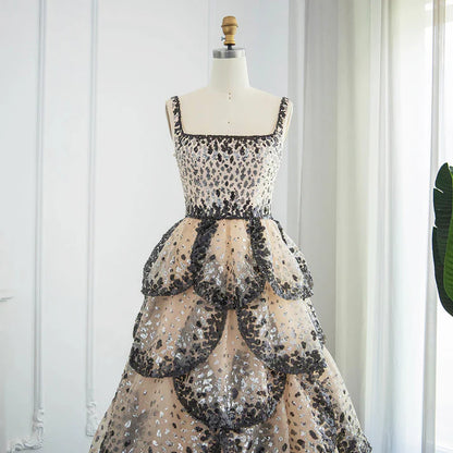 A Line Straps Sequin Tiered Petal Tulle Prom Dress Evening Dress DP1374