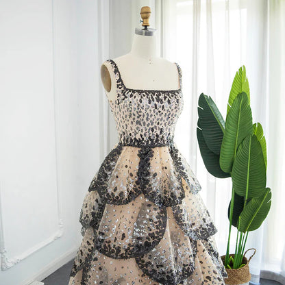 A Line Straps Sequin Tiered Petal Tulle Prom Dress Evening Dress DP1374