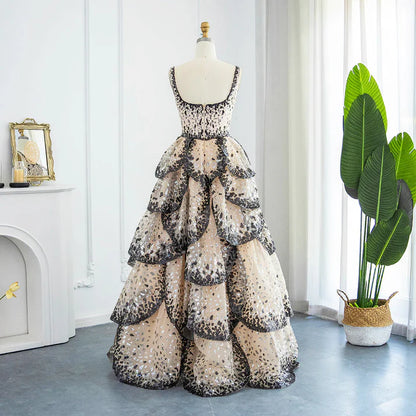 A Line Straps Sequin Tiered Petal Tulle Prom Dress Evening Dress DP1374