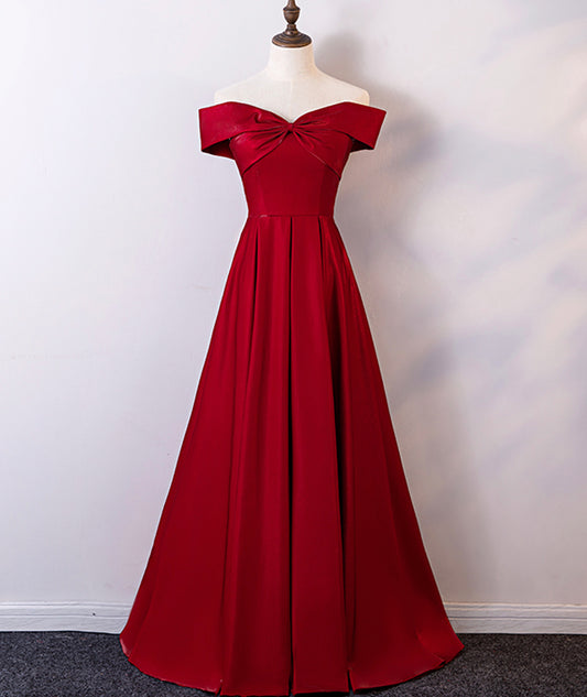 Elegant A Line Off-the-shoulder Burgundy Satin Long Prom Dress Evening Dress DP1035