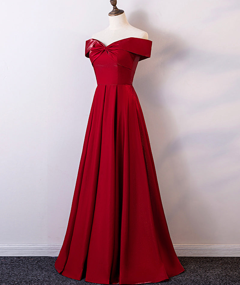 Elegant A Line Off-the-shoulder Burgundy Satin Long Prom Dress Evening Dress DP1035