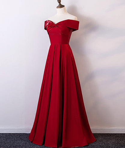 Elegant A Line Off-the-shoulder Burgundy Satin Long Prom Dress Evening Dress DP1035
