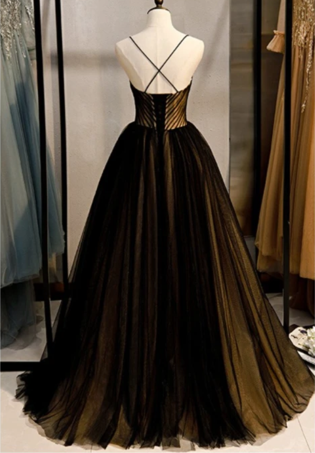 A Line Spaghetti Strap Tulle Backless Prom Dresses Evening Dresses DP1034