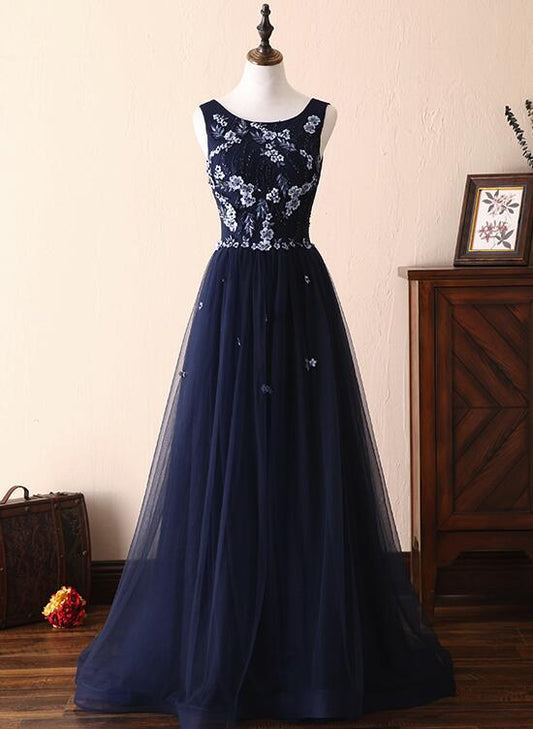 Charming Round Neck Beaded Navy Blue Tulle Prom Dress Evening Dress DP1025