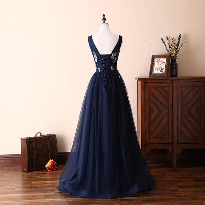 Charming Round Neck Beaded Navy Blue Tulle Prom Dress Evening Dress DP1025