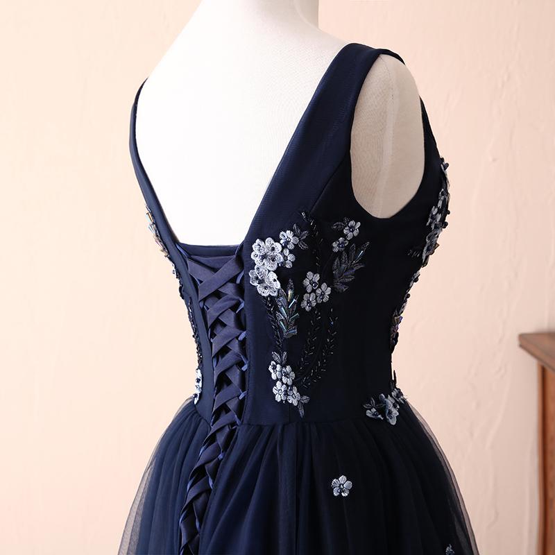 Charming Round Neck Beaded Navy Blue Tulle Prom Dress Evening Dress DP1025