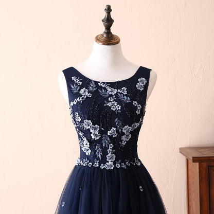 Charming Round Neck Beaded Navy Blue Tulle Prom Dress Evening Dress DP1025