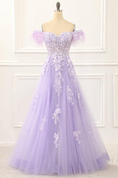 A Line Off-the-shoulder Lavender Lace Floral Tulle Prom Dress Evening Dress DP1019