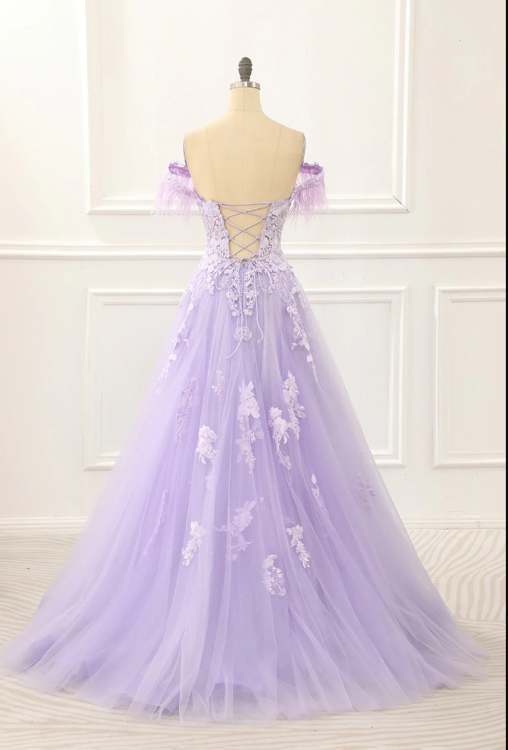 A Line Off-the-shoulder Lavender Lace Floral Tulle Prom Dress Evening Dress DP1019