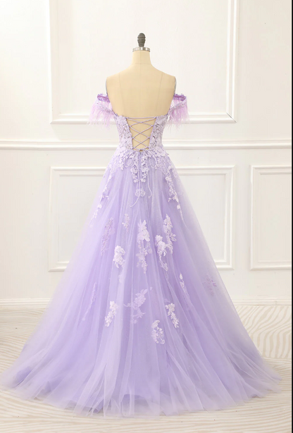 A Line Off-the-shoulder Lavender Lace Floral Tulle Prom Dress Evening Dress DP1019