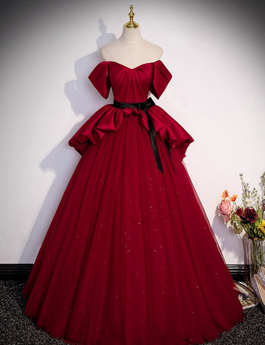 A Line Off-the-shoulder Bow Red Satin Tulle Prom Dresses Evening Dresses DP1029