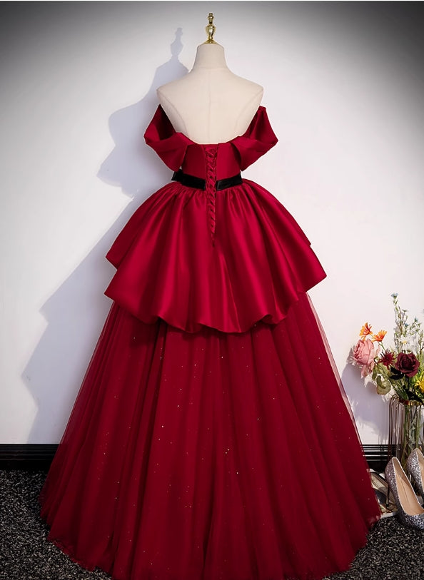 A Line Off-the-shoulder Bow Red Satin Tulle Prom Dresses Evening Dresses DP1029