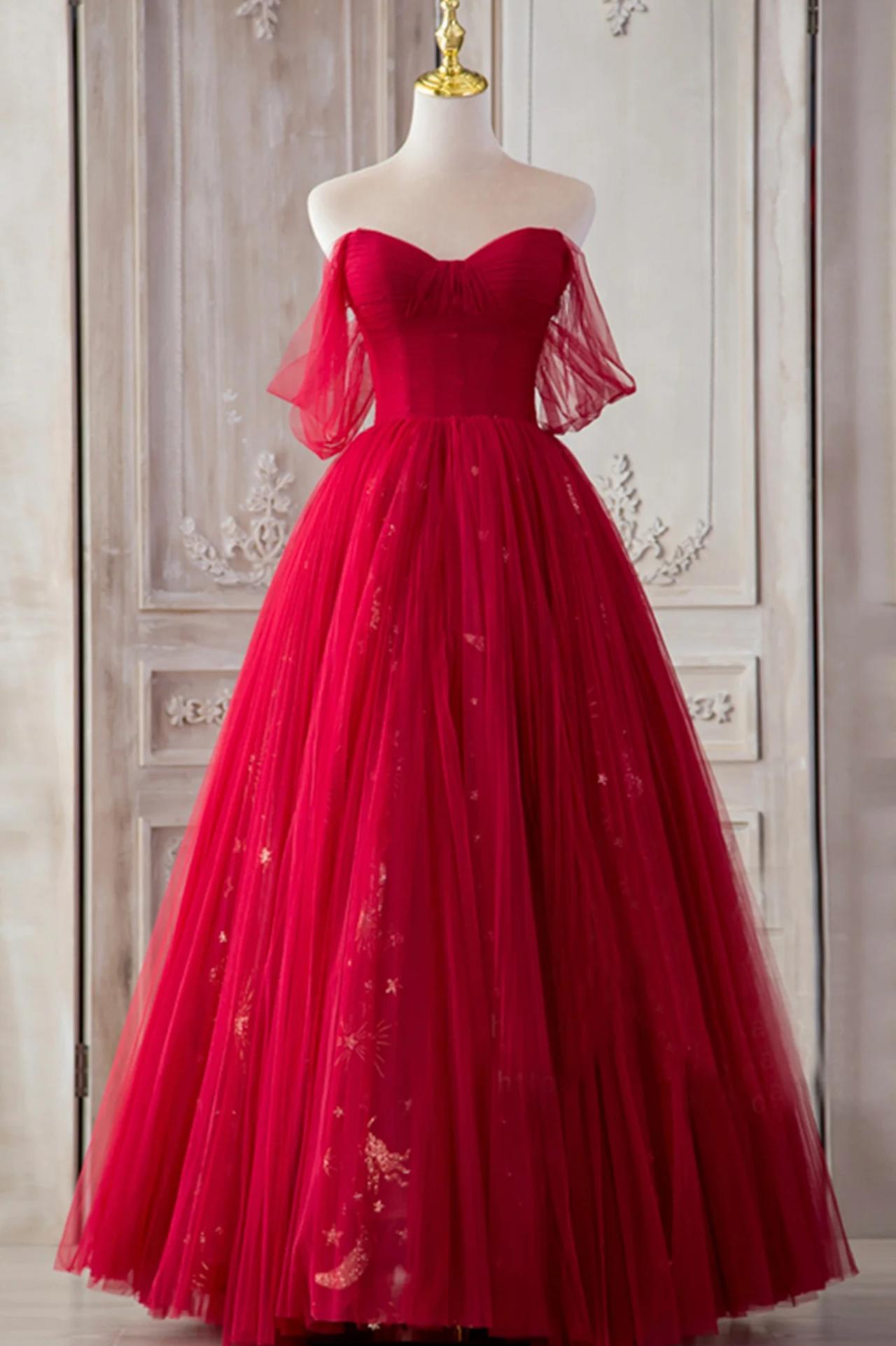 A Line Off-the-shoulder Sequins Red Tulle Formal Prom Dresses DP1018