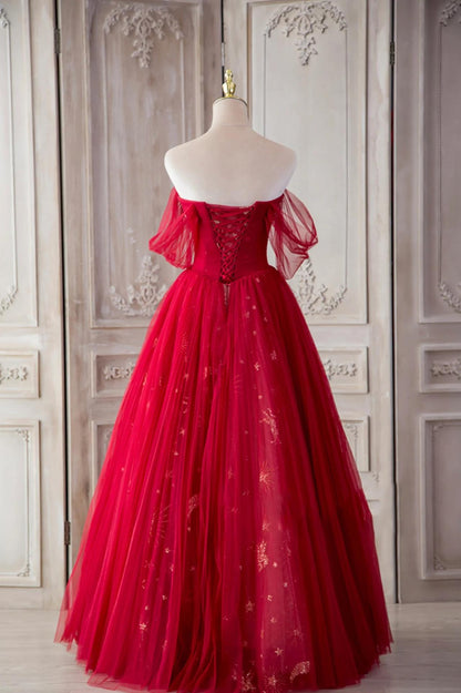 A Line Off-the-shoulder Sequins Red Tulle Formal Prom Dresses DP1018