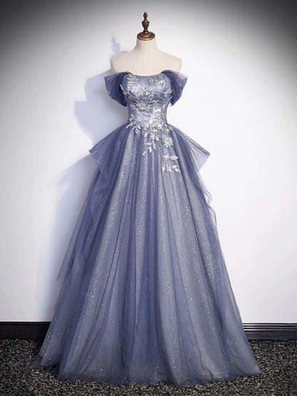 A Line Off the Shoulder Appliques Blue Tulle Lace Long Prom Dress Evening Party Dress DP1223