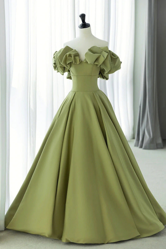 Elegant A Line Green Satin Long Prom Dresses Evening Dresses DP1017