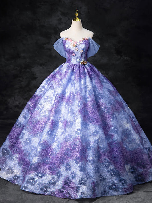 Dreamy Colorful A Line Off-the-shoulder Princess  Tulle Prom Dress With Flowers DP1023