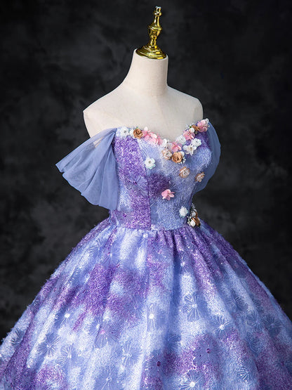 Dreamy Colorful A Line Off-the-shoulder Princess  Tulle Prom Dress With Flowers DP1023