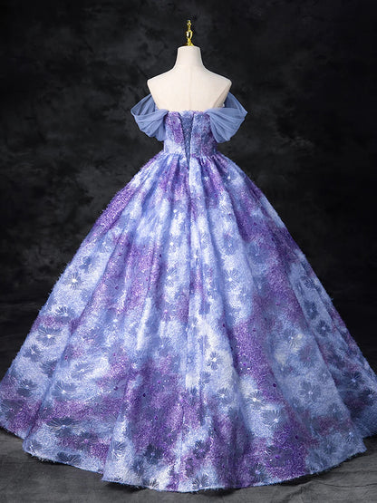 Dreamy Colorful A Line Off-the-shoulder Princess  Tulle Prom Dress With Flowers DP1023
