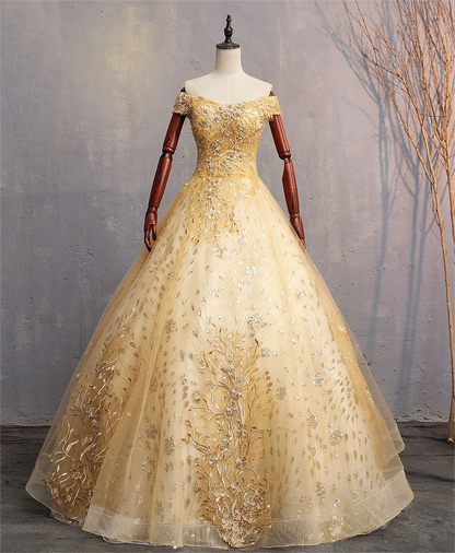Yellow Off-the-shoulder Appliques Tulle Long Prom Dress Formal Dress DP1032