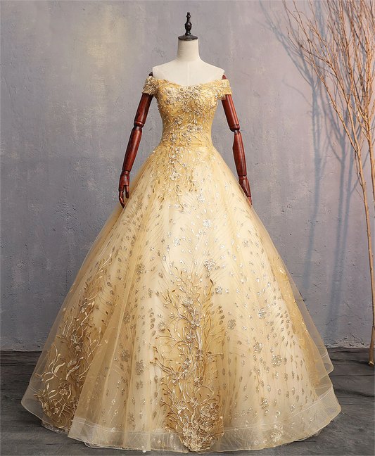 Yellow Off-the-shoulder Appliques Tulle Long Prom Dress Formal Dress DP1032
