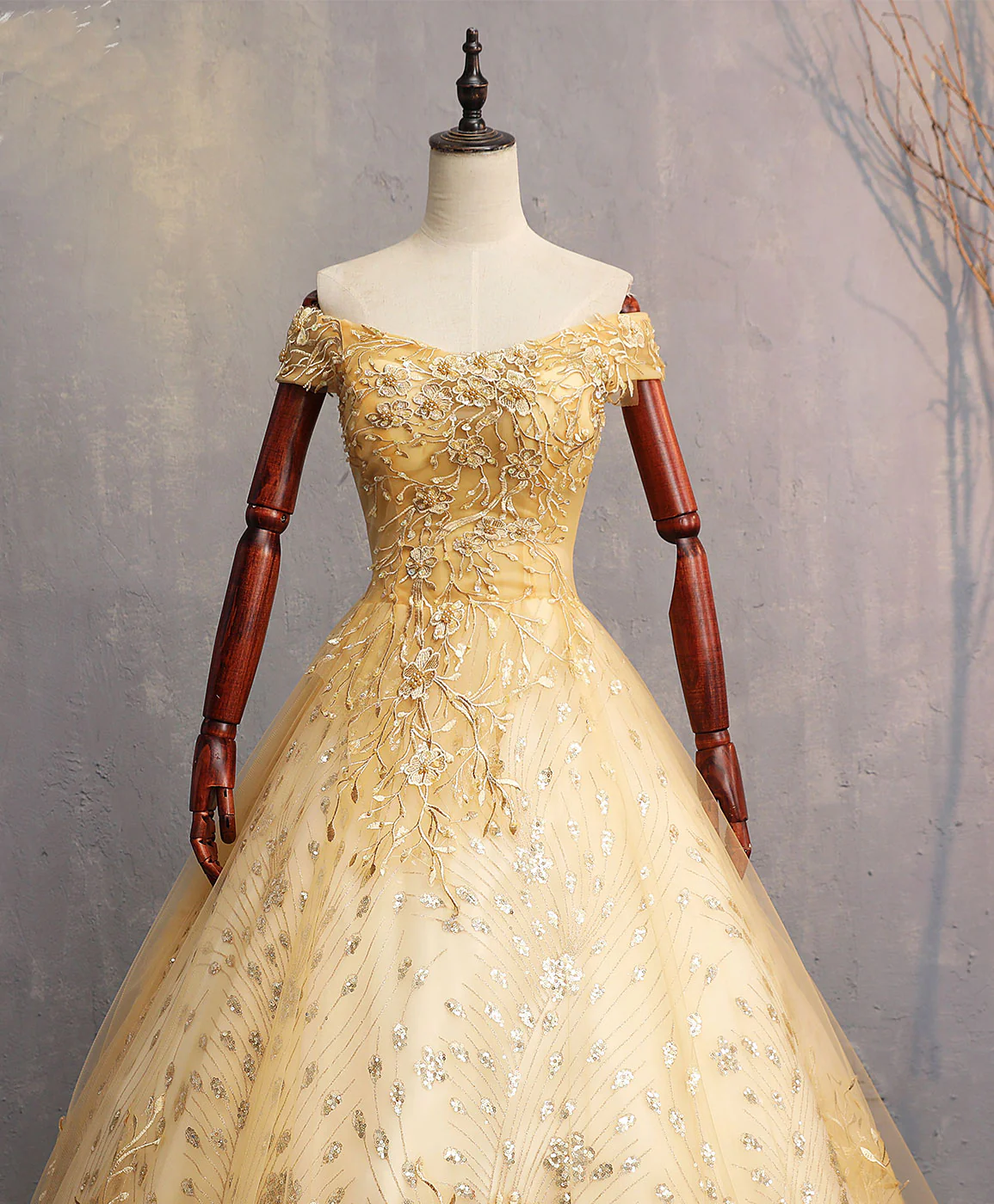 Yellow Off-the-shoulder Appliques Tulle Long Prom Dress Formal Dress DP1032