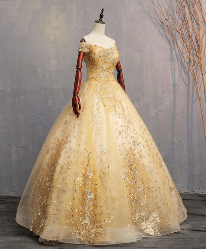 Yellow Off-the-shoulder Appliques Tulle Long Prom Dress Formal Dress DP1032