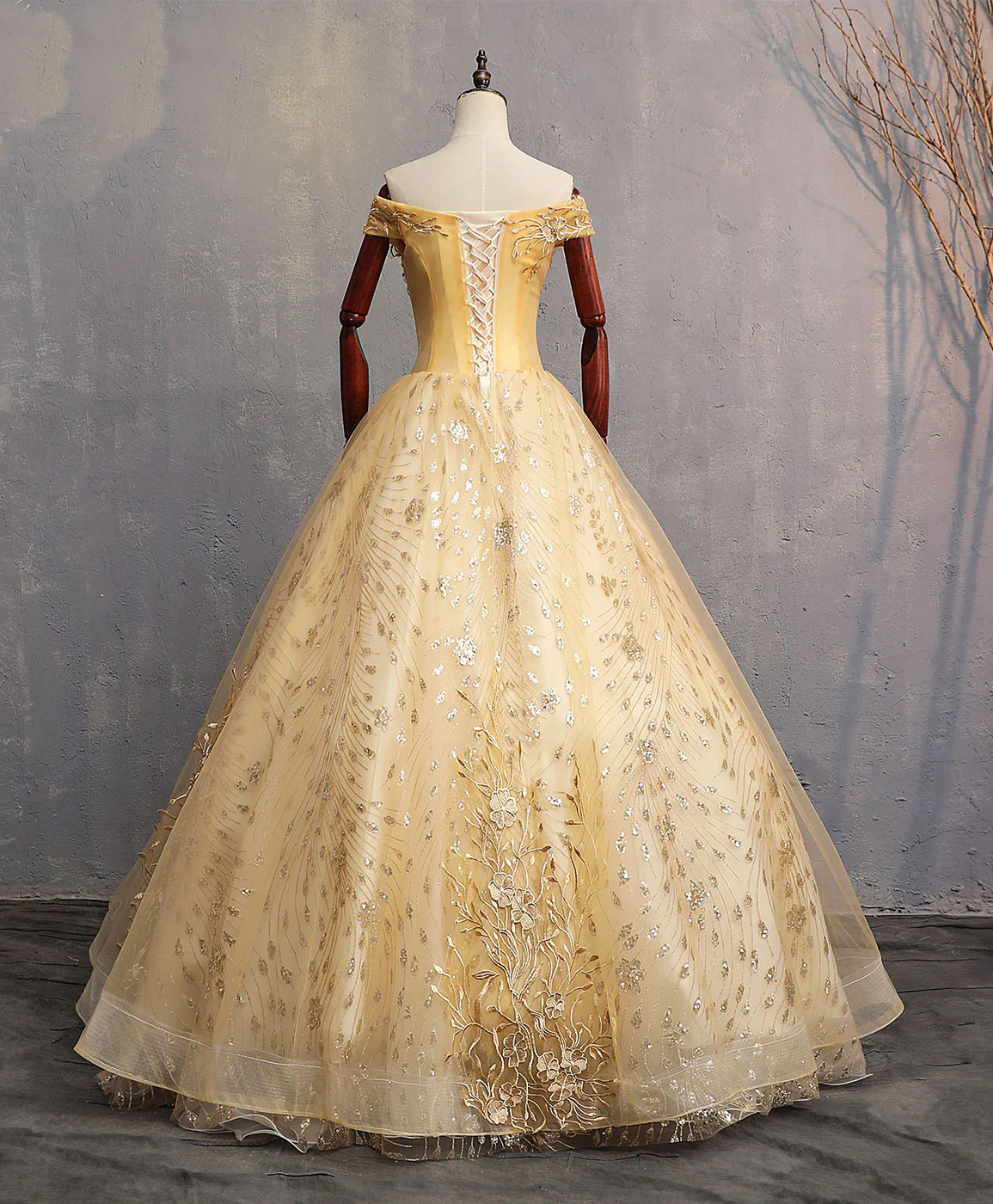 Yellow Off-the-shoulder Appliques Tulle Long Prom Dress Formal Dress DP1032