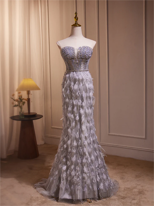 Grey Feather Mermaid Sweetheart Prom Dresses Sheer Beaded Bodice DP882