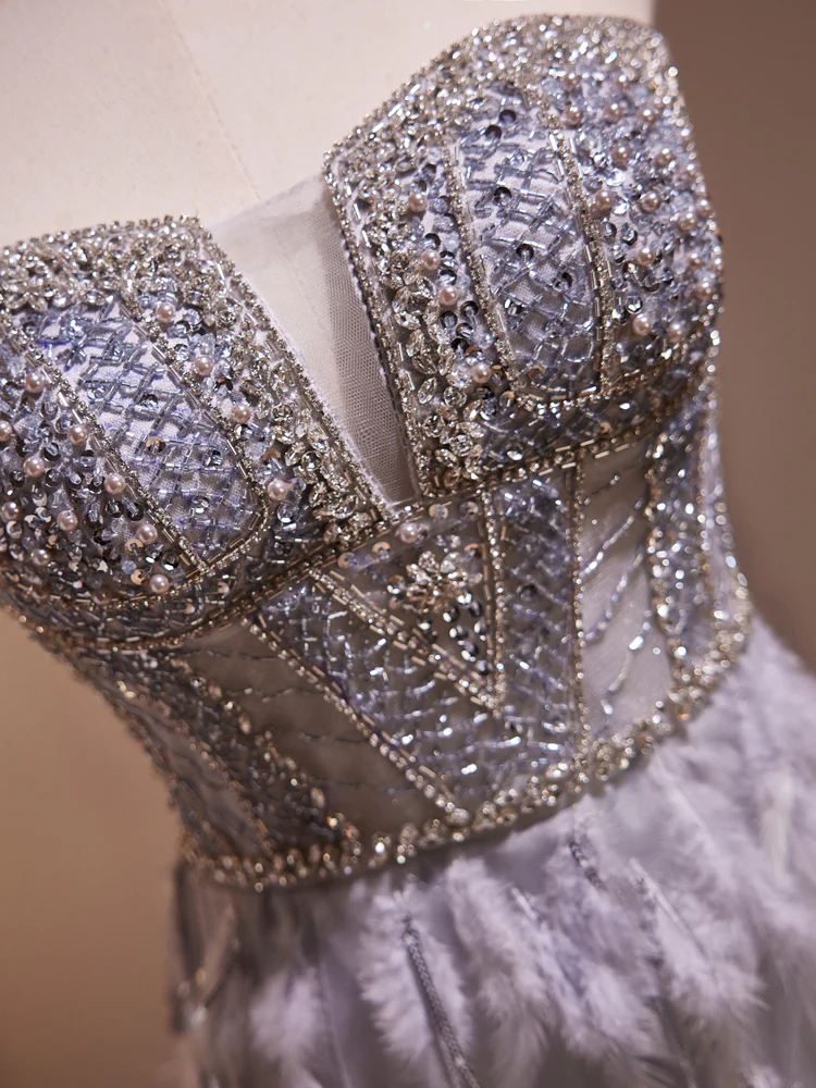 Grey Feather Mermaid Sweetheart Prom Dresses Sheer Beaded Bodice DP882