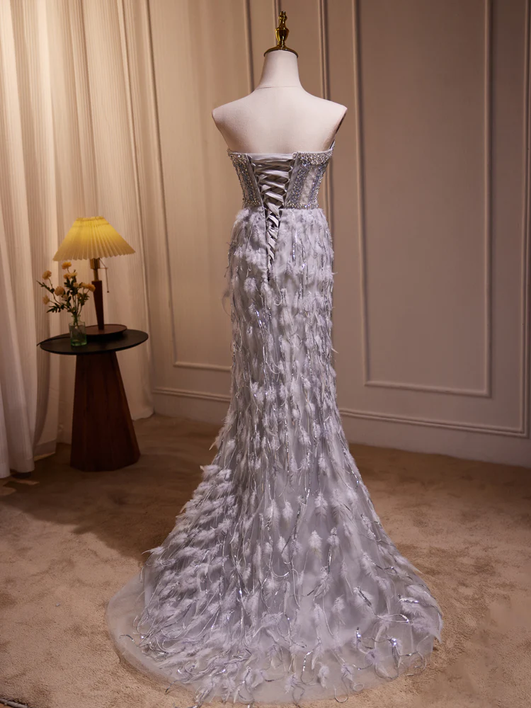 Grey Feather Mermaid Sweetheart Prom Dresses Sheer Beaded Bodice DP882