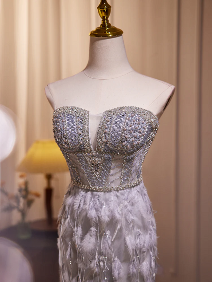 Grey Feather Mermaid Sweetheart Prom Dresses Sheer Beaded Bodice DP882