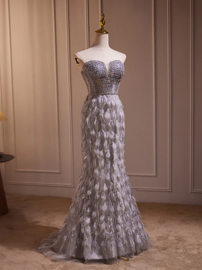 Grey Feather Mermaid Sweetheart Prom Dresses Sheer Beaded Bodice DP882
