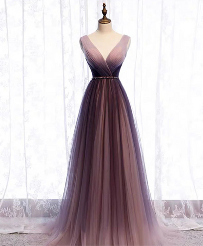 Simple A Line V Neck Tulle Long Prom Dress Evening Dress DP1031