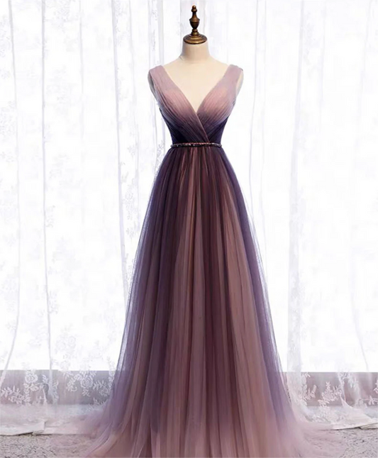 Simple A Line V Neck Tulle Long Prom Dress Evening Dress DP1031