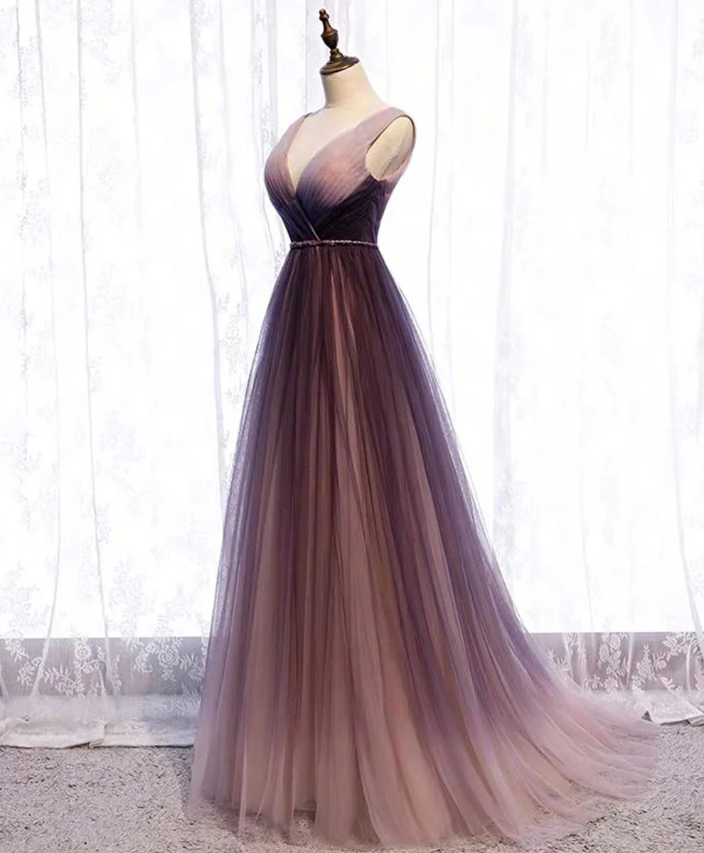 Simple A Line V Neck Tulle Long Prom Dress Evening Dress DP1031