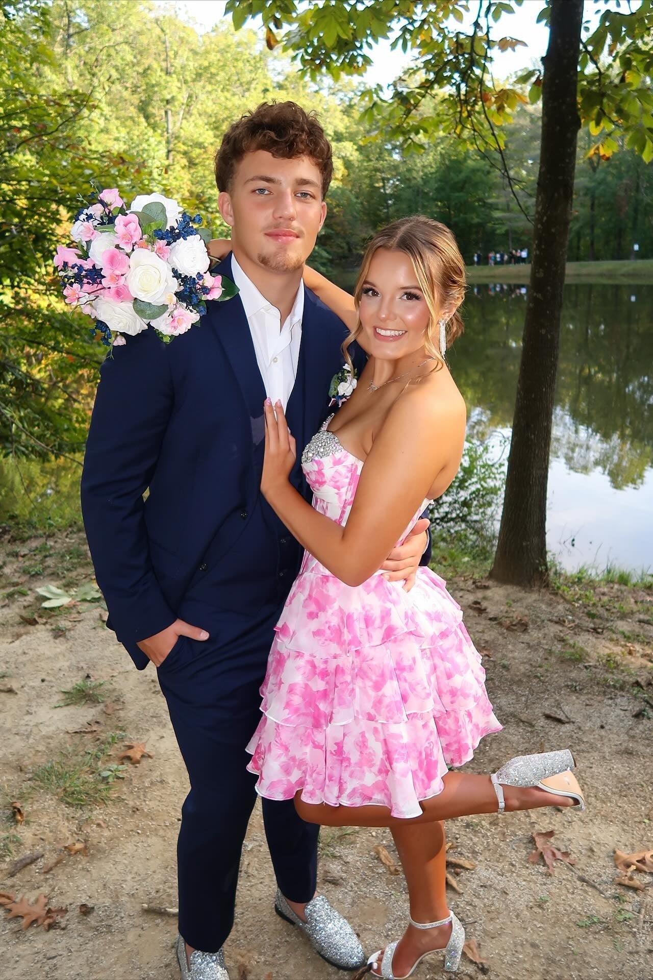 Pink Print Floral A Line Strapless Beaded Layered Chiffon Short Homecoming Dress Mini Dress Outfits DP5900