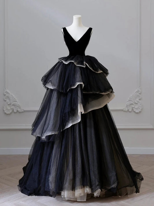 Black A Line V Neck Layered Tulle Long Prom Dress DP843