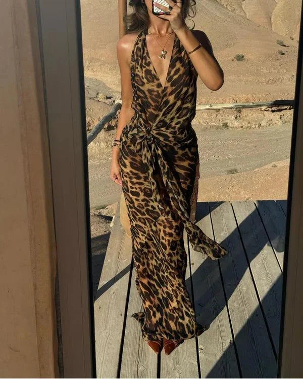 Sexy Mermaid V Neck Leopard Print Chiffon Long Evening Dress Outfits DP1244