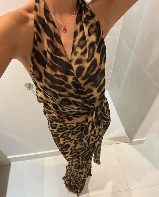 Sexy Mermaid V Neck Leopard Print Chiffon Long Evening Dress Outfits DP1244
