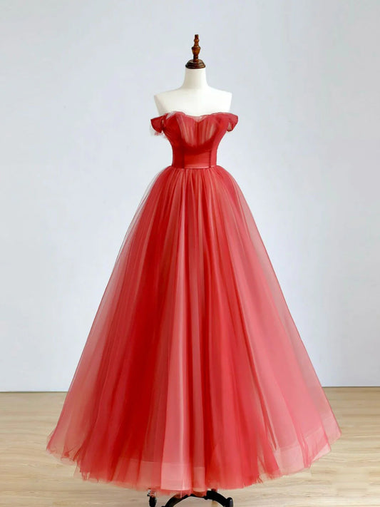Red A Line Off-the-shoulder Tulle Long Prom Dress DP884