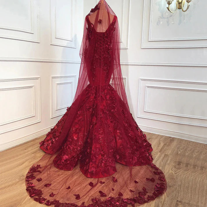 Luxurious Mermaid V Neck Appliques Sequins Red Satin Ball Gown Prom Dress DP1386