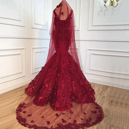 Luxurious Mermaid V Neck Appliques Sequins Red Satin Ball Gown Prom Dress DP1386